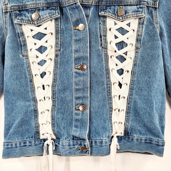 Love Tree Denim Blue Trucker Jacket 100% Cotton Long-sleeve Lace Up Women's Sz L - Picture 4 of 10
